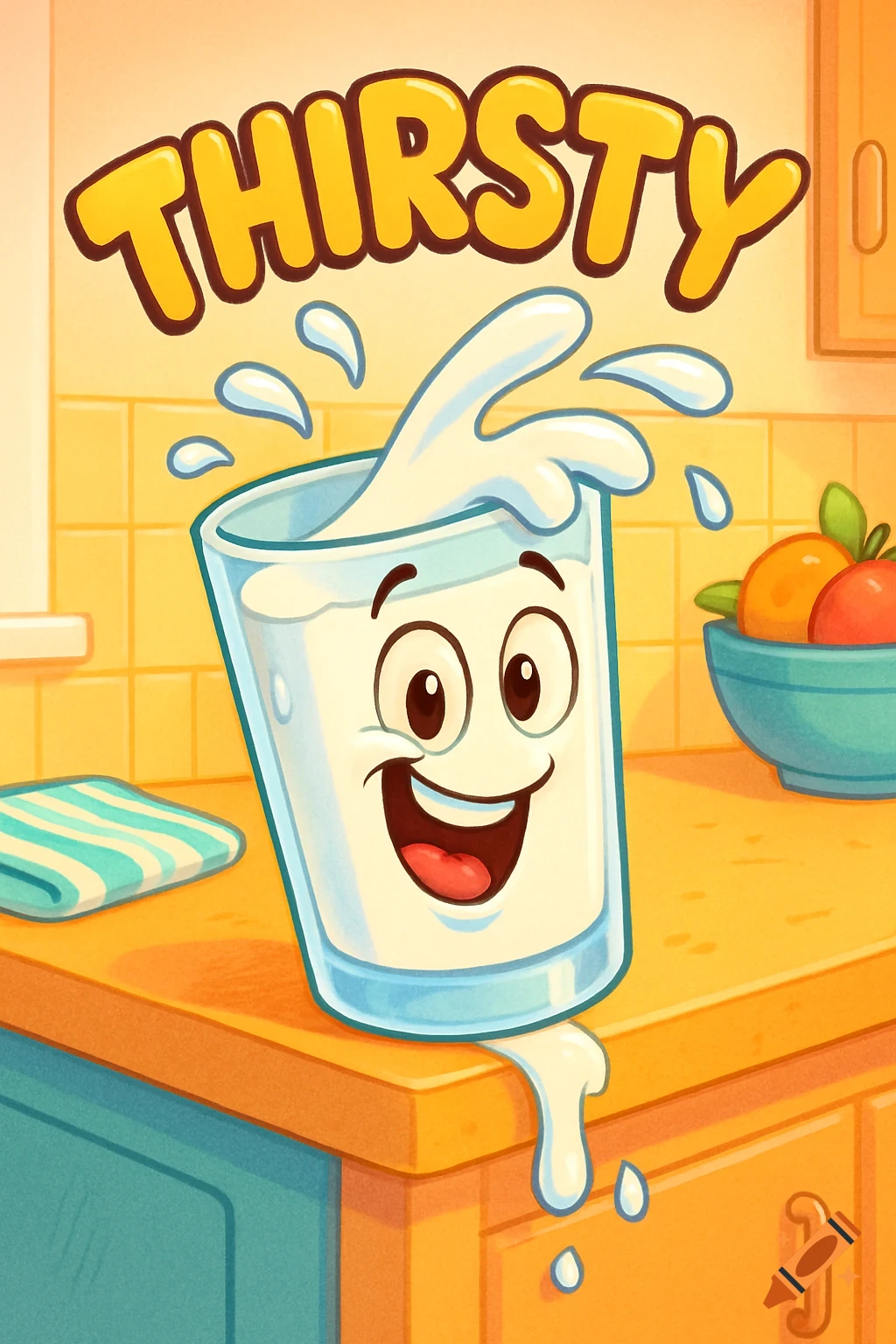 Cartoon glass of milk with a smiling face, spilling on a kitchen counter below the word THIRSTY.