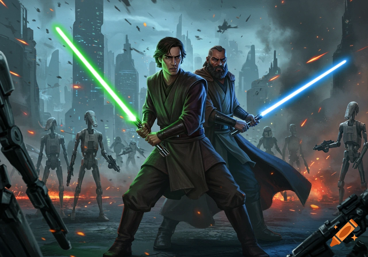 A dark-haired Jedi with a green lightsaber and a bearded Jedi with a blue lightsaber fight battle droids in a war-torn city.