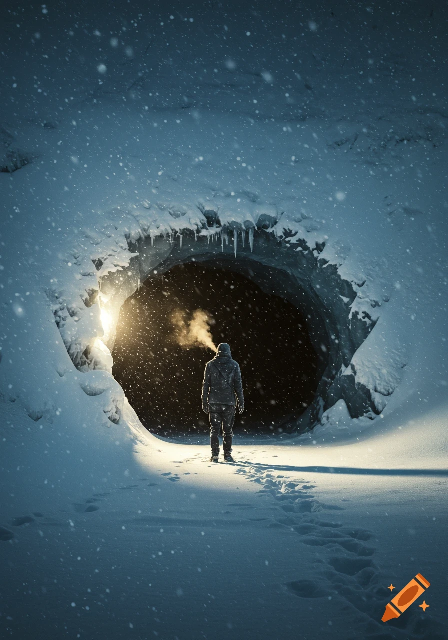 A lone figure stands in falling snow, exhaling visible breath, before a dark cave entrance in a cold, snowy landscape.