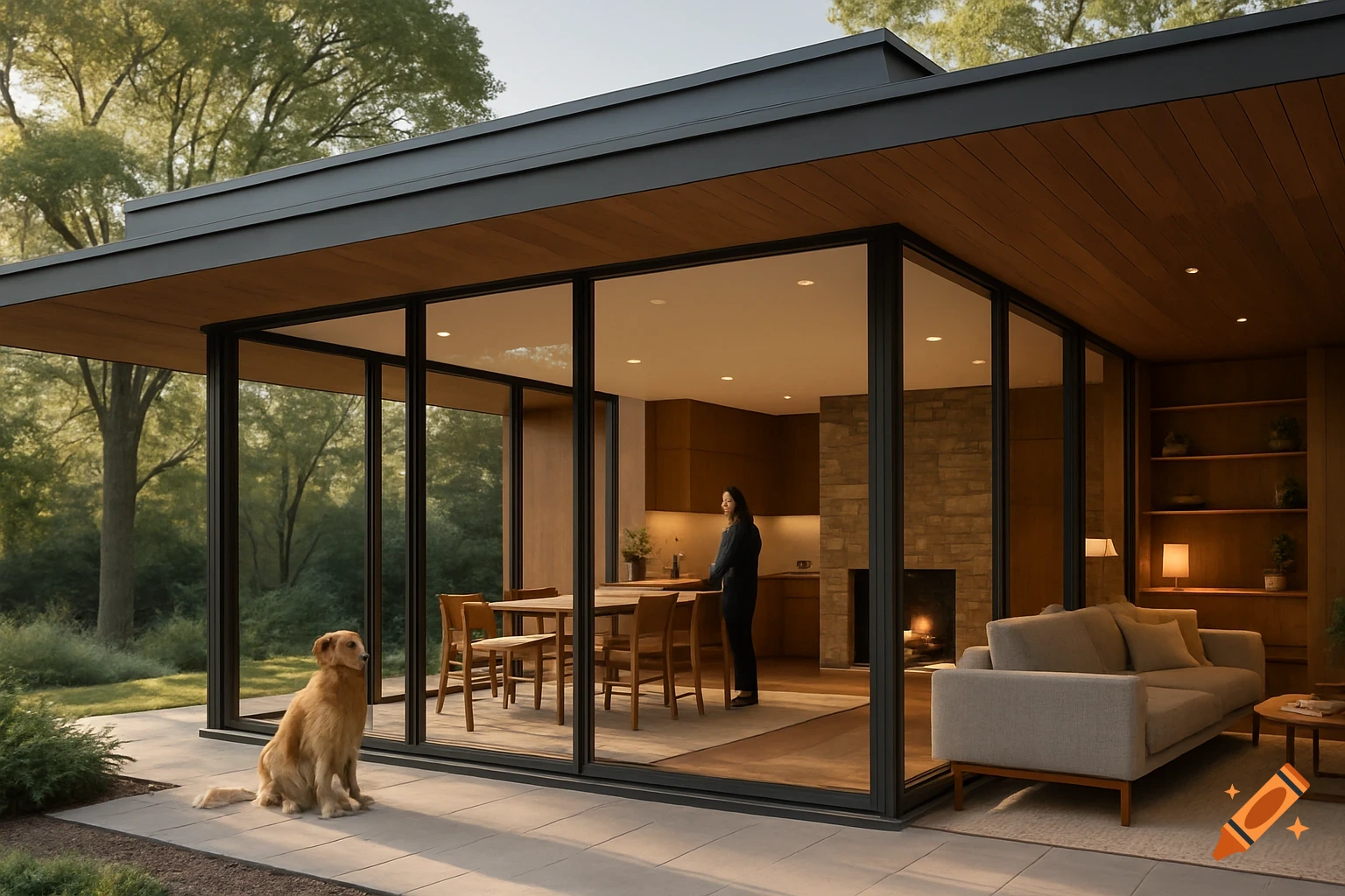 A golden retriever sits outside a modern, minimalist house with large glass windows, revealing a woman inside a dining and living area.