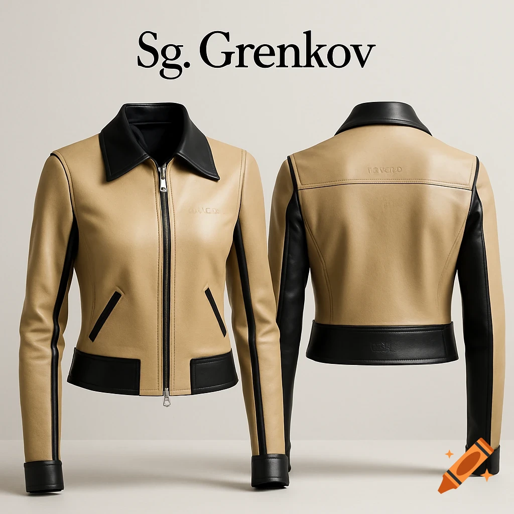 Front and back views of a two-tone leather bomber jacket in beige and black, displayed against a minimal studio background.