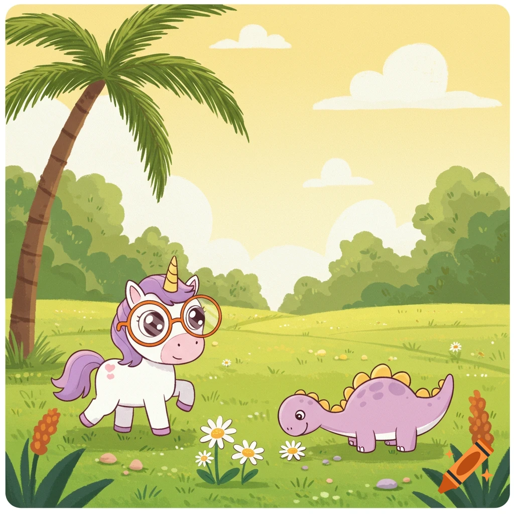 A cute cartoon unicorn with glasses and a purple dinosaur in a sunny meadow with daisies, a palm tree, and a forest background.