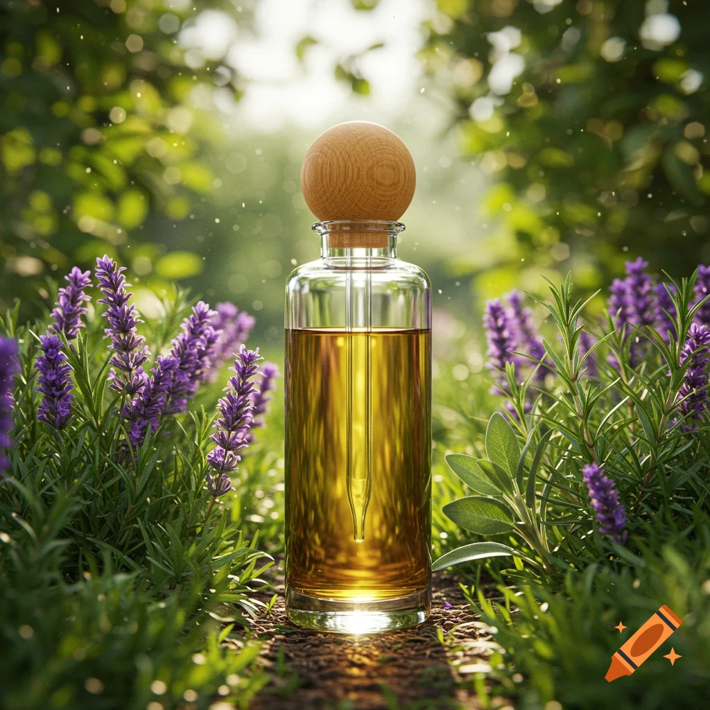A clear glass bottle with golden oil and a wooden ball cap, surrounded by purple lavender and green herbs in a sunlit natural setting.