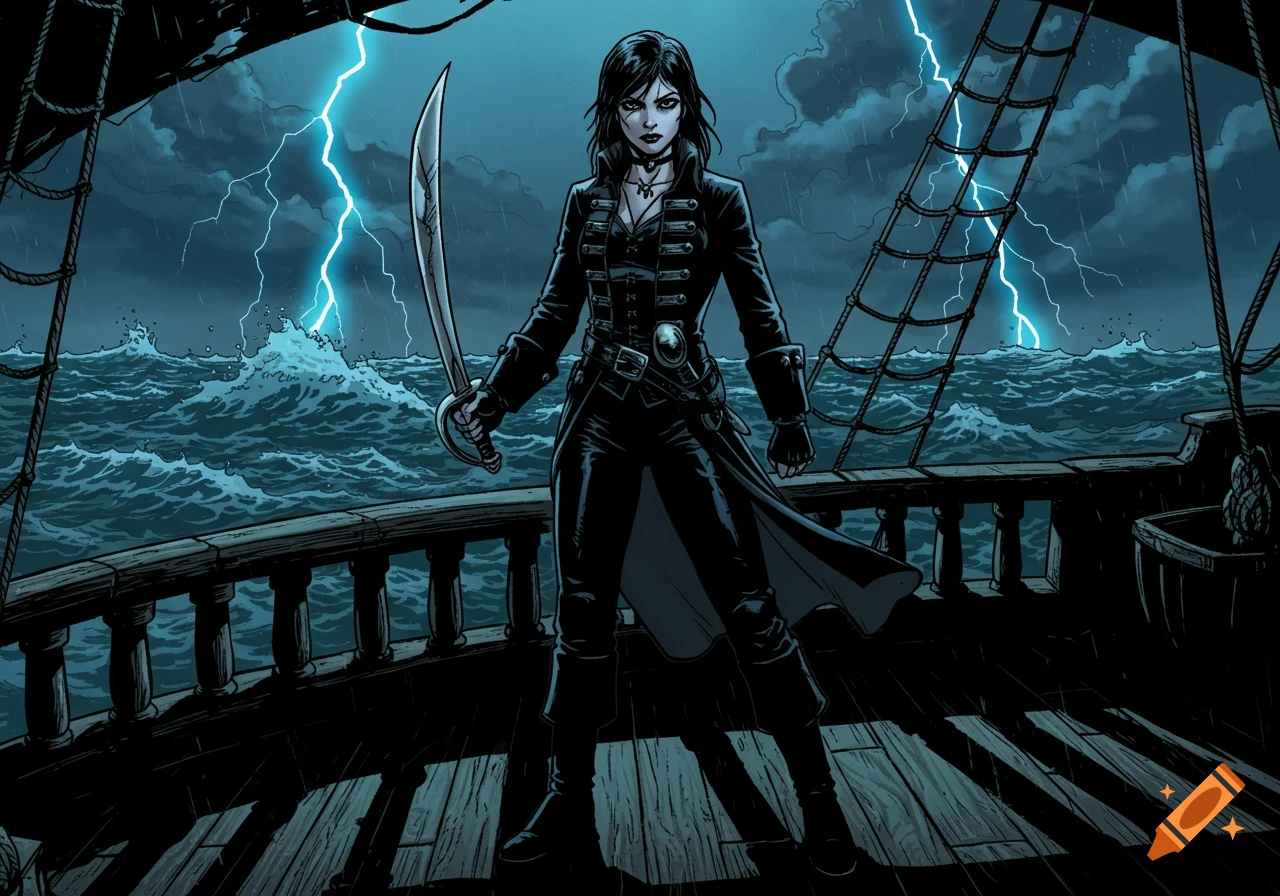 Comic book style painting of a goth pirate woman holding a cutlass on a ship in a stormy sea with lightning.