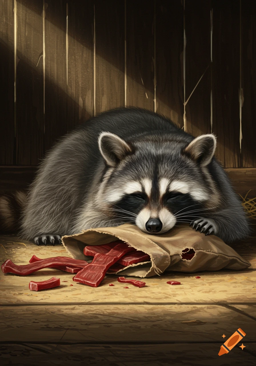 A realistic illustration of a sleeping raccoon on a barn floor next to a ripped bag with beef jerky spilling out.