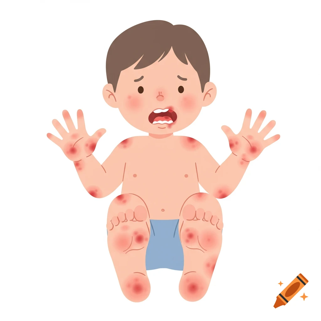 Cartoon vector illustration of a distressed child showing symptoms of hand-foot-and-mouth disease with red rashes on hands, feet, and mouth.