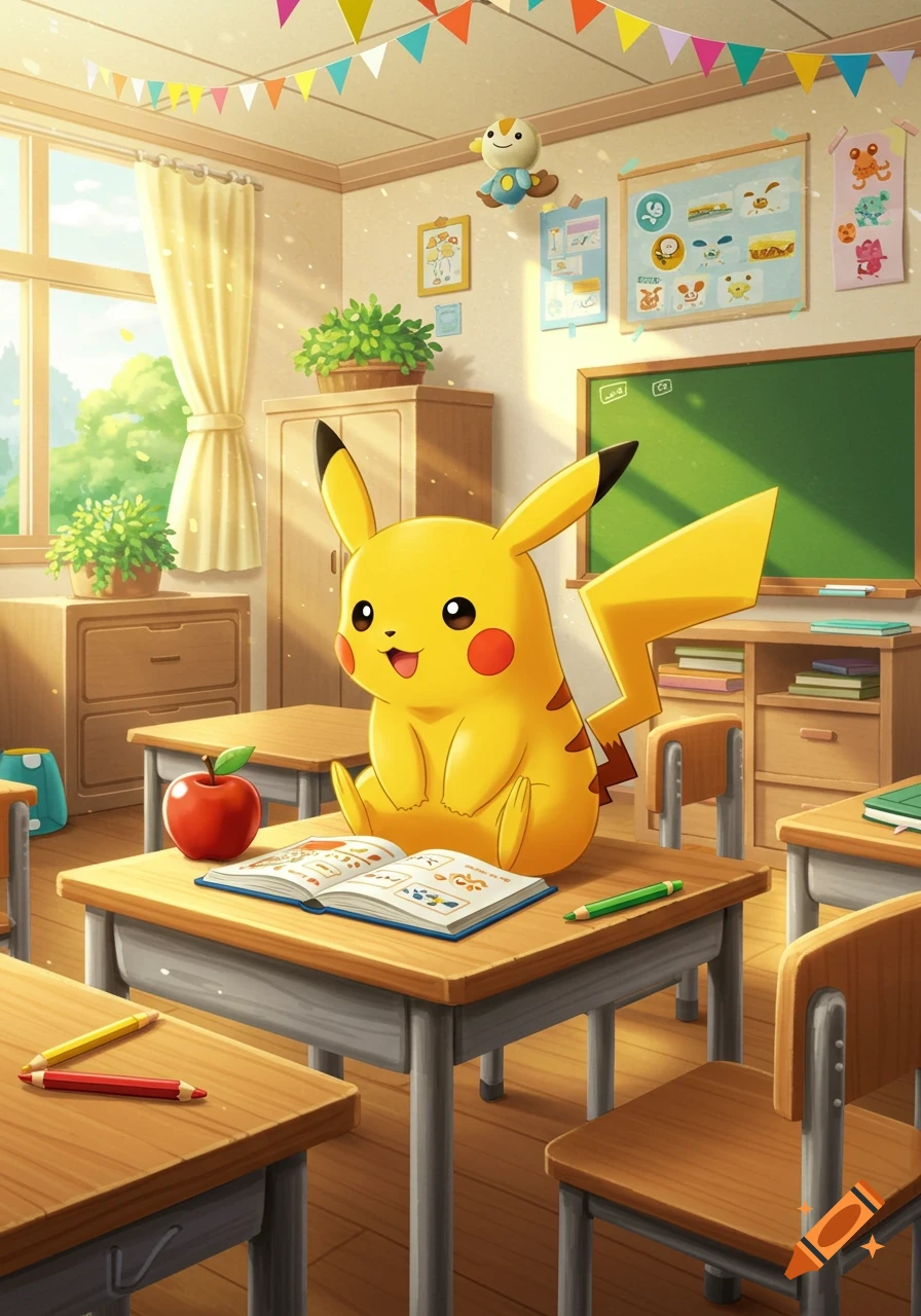 Cartoon Pikachu sits on a classroom desk with an open book and an apple, bathed in sunlight with colorful decorations.
