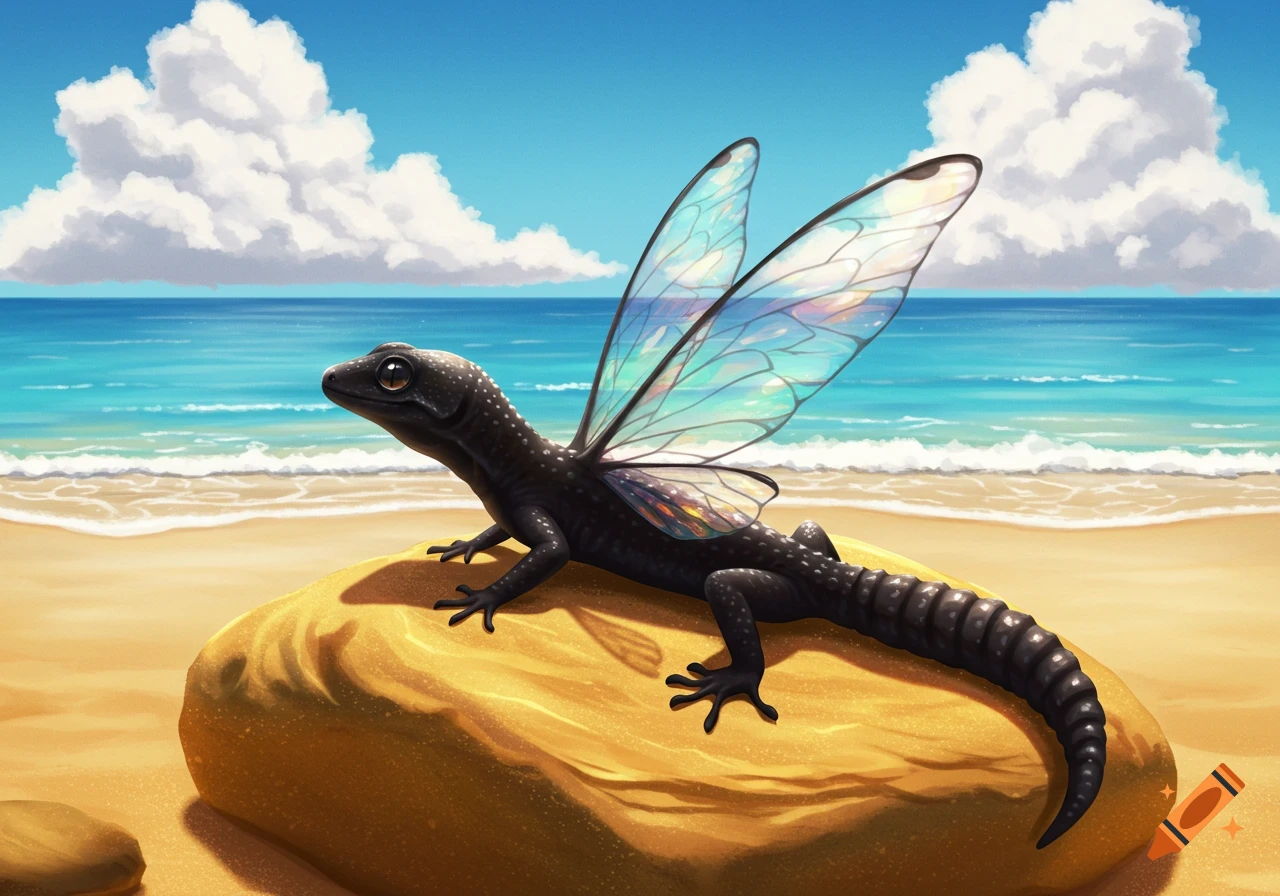 A black gecko with iridescent wings rests on a golden rock on a sunny beach with blue water and white clouds.