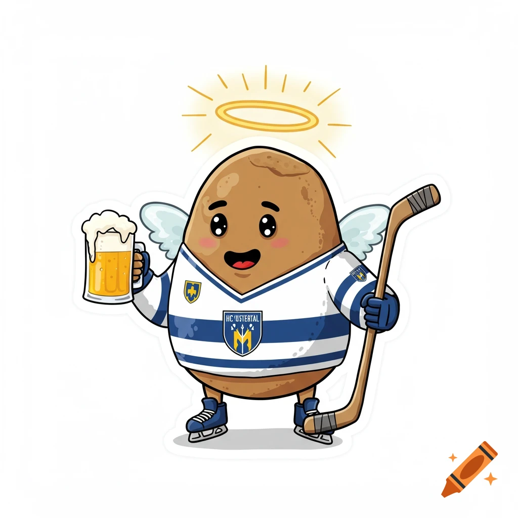 Cartoon potato angel with a halo, wearing a blue and white striped hockey jersey and ice skates, holding a beer and a hockey stick.