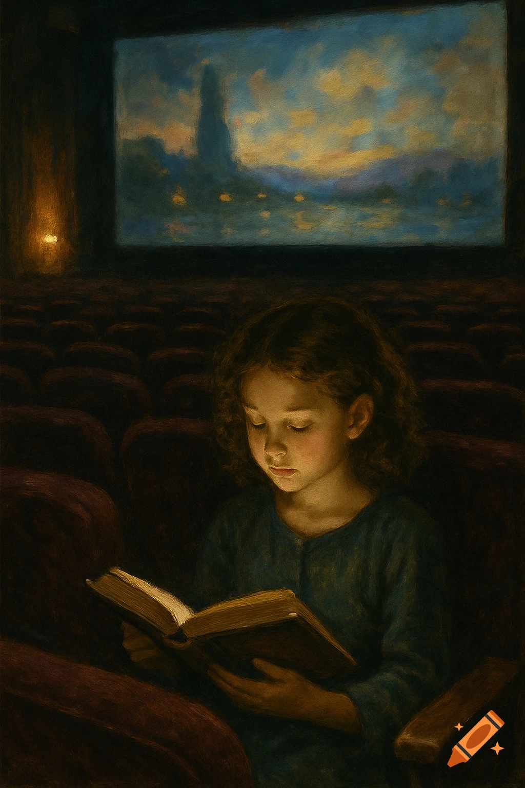 Painterly image of a young girl reading a book, illuminated by its light, in a dark movie theater with an abstract film.