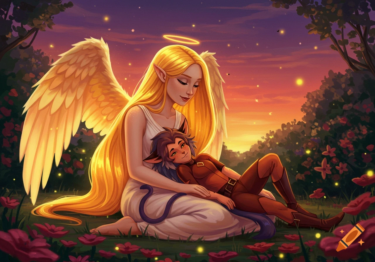 An angelic woman with long blonde hair holds a cat-like woman in her lap in a lush garden at sunset, digital illustration.