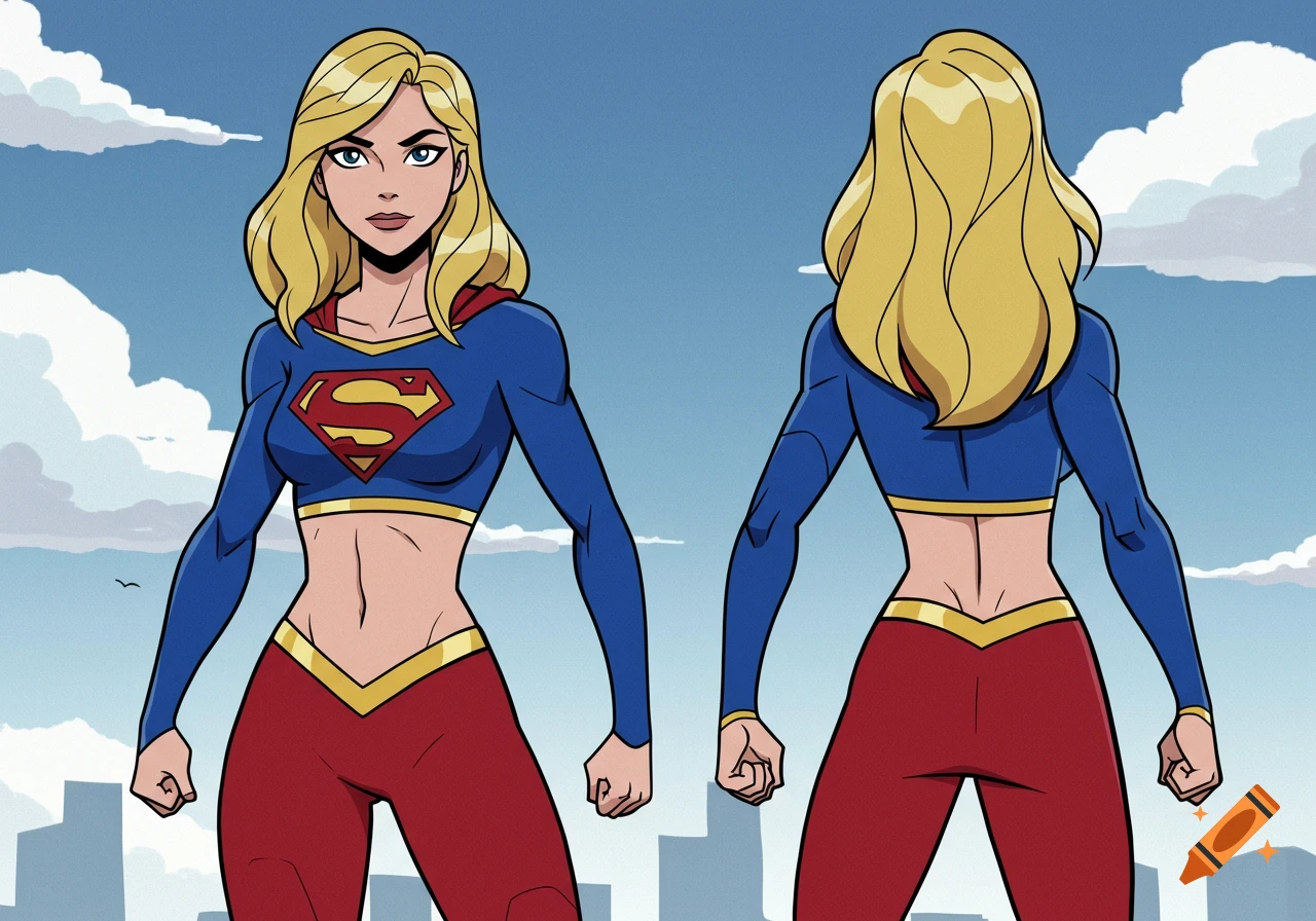 Front and back views of Supergirl in an animated style, wearing a blue crop top and red leggings against a cloudy sky.