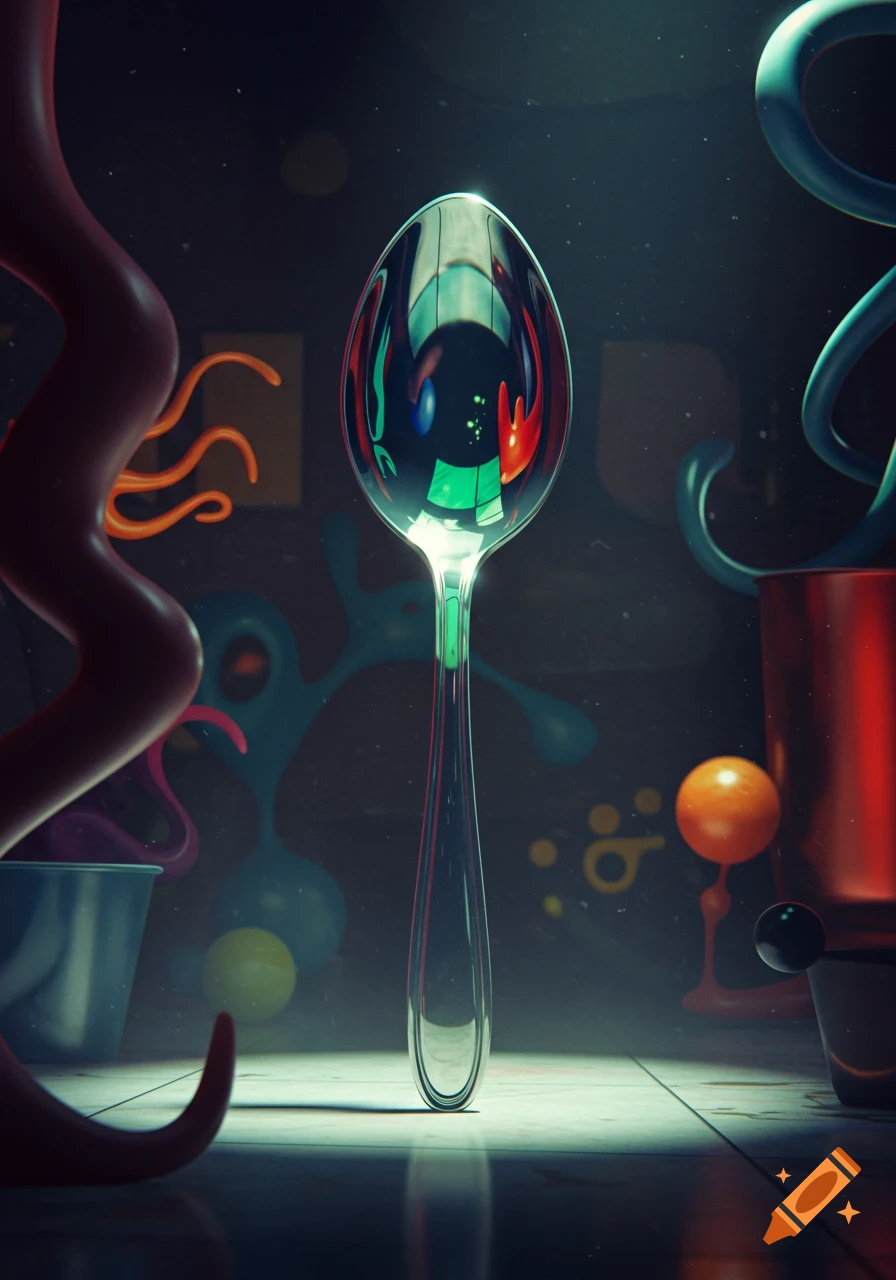 A gleaming silver spoon stands upright, reflecting colorful, abstract shapes in a surreal, dark environment.