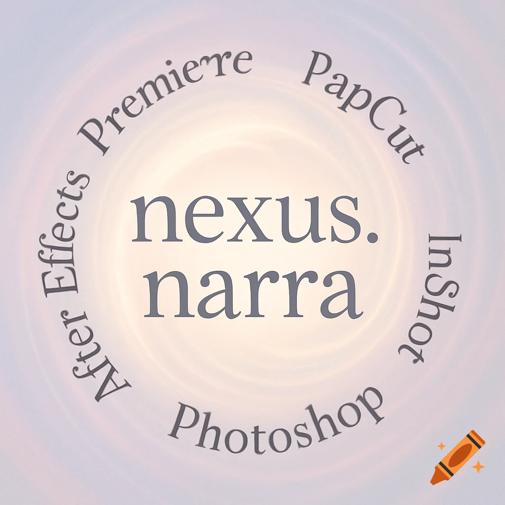 Graphic design with 'nexus. narra' in the center and software names in a circle, all against a soft glowing background.