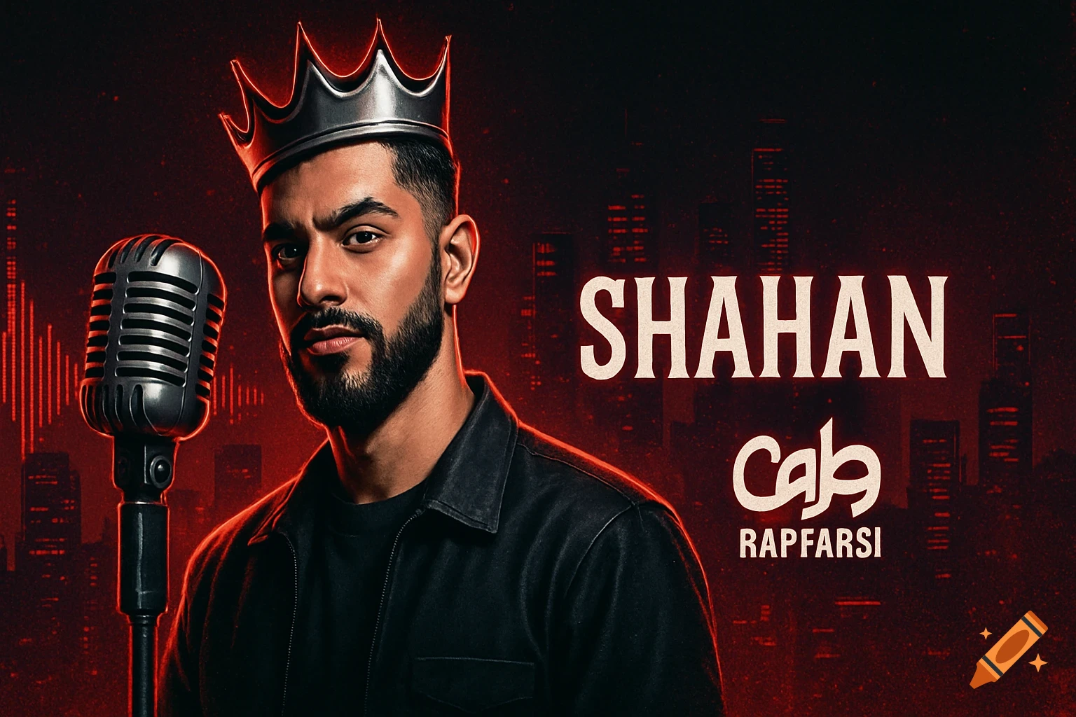 A man with a beard and a crown, standing next to a vintage microphone, with text 'SHAHAN' and 'RAPFARSI' on a dark red background with city silhouettes.
