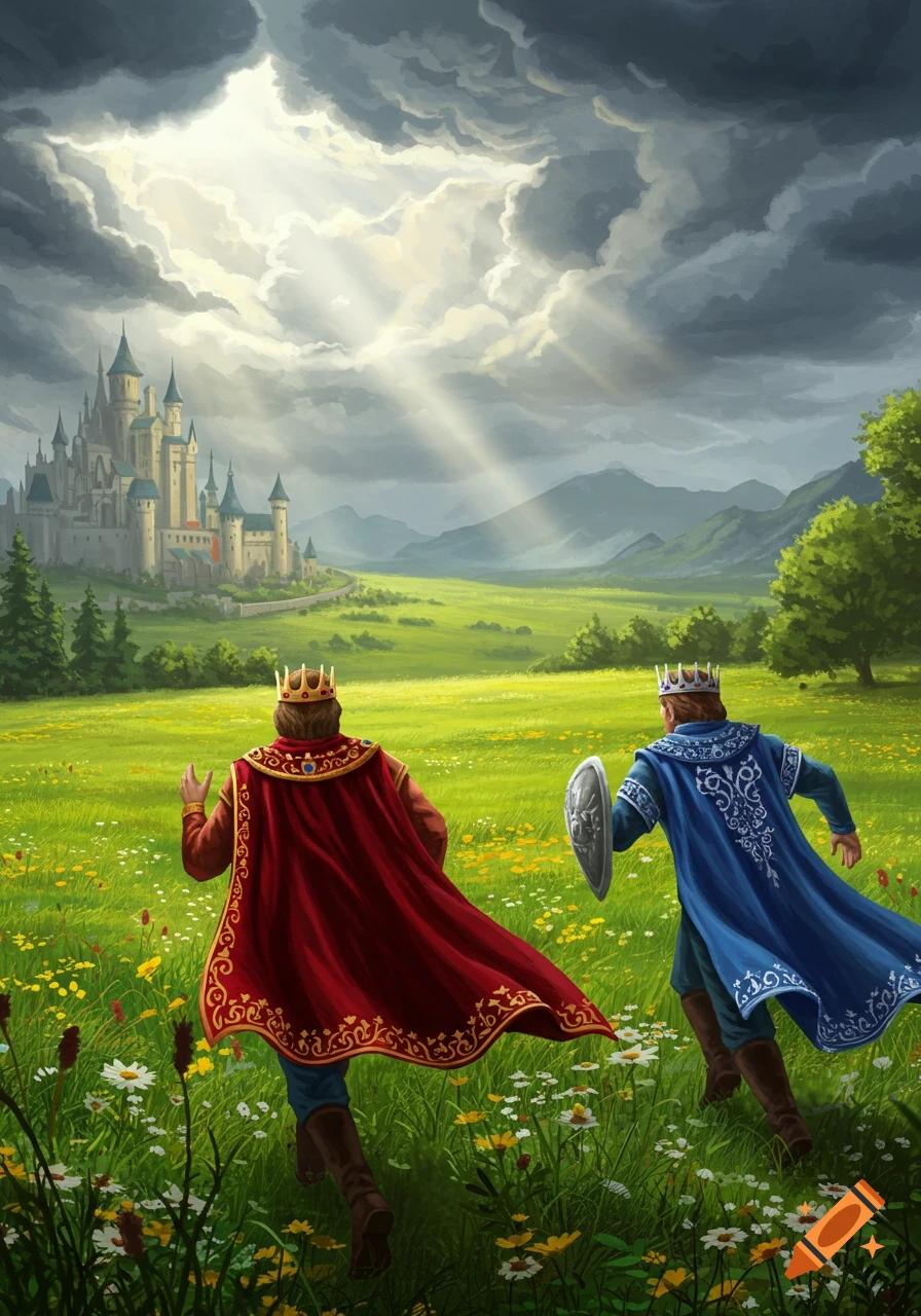 Two kings run through a vibrant meadow towards a majestic castle under dramatic, sunlit skies in a fantasy illustration.