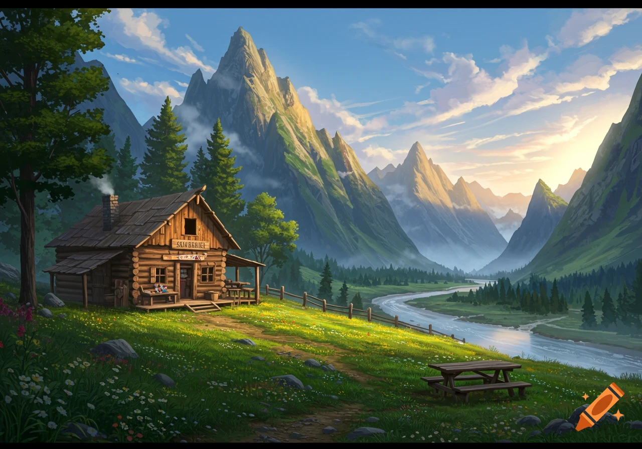 Idyllic animated mountainous landscape with a log cabin, winding river, and picnic table on a grassy hill under a blue sky.