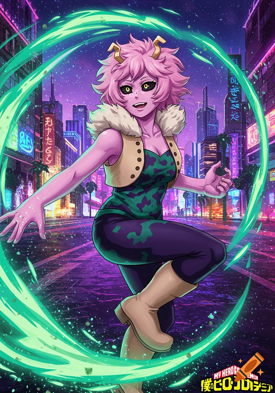 Anime illustration of Mina Ashido with pink skin, pink hair, and yellow eyes, posing dynamically with green energy in a neon-lit city.