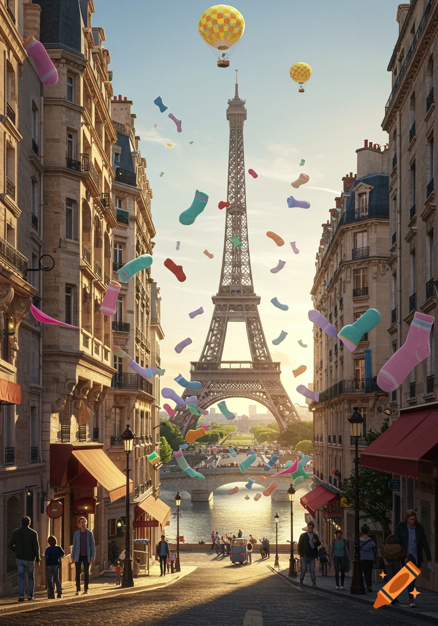 Photorealistic view of a Parisian street leading to the Eiffel Tower, with colorful socks and hot air balloons floating in the sky.