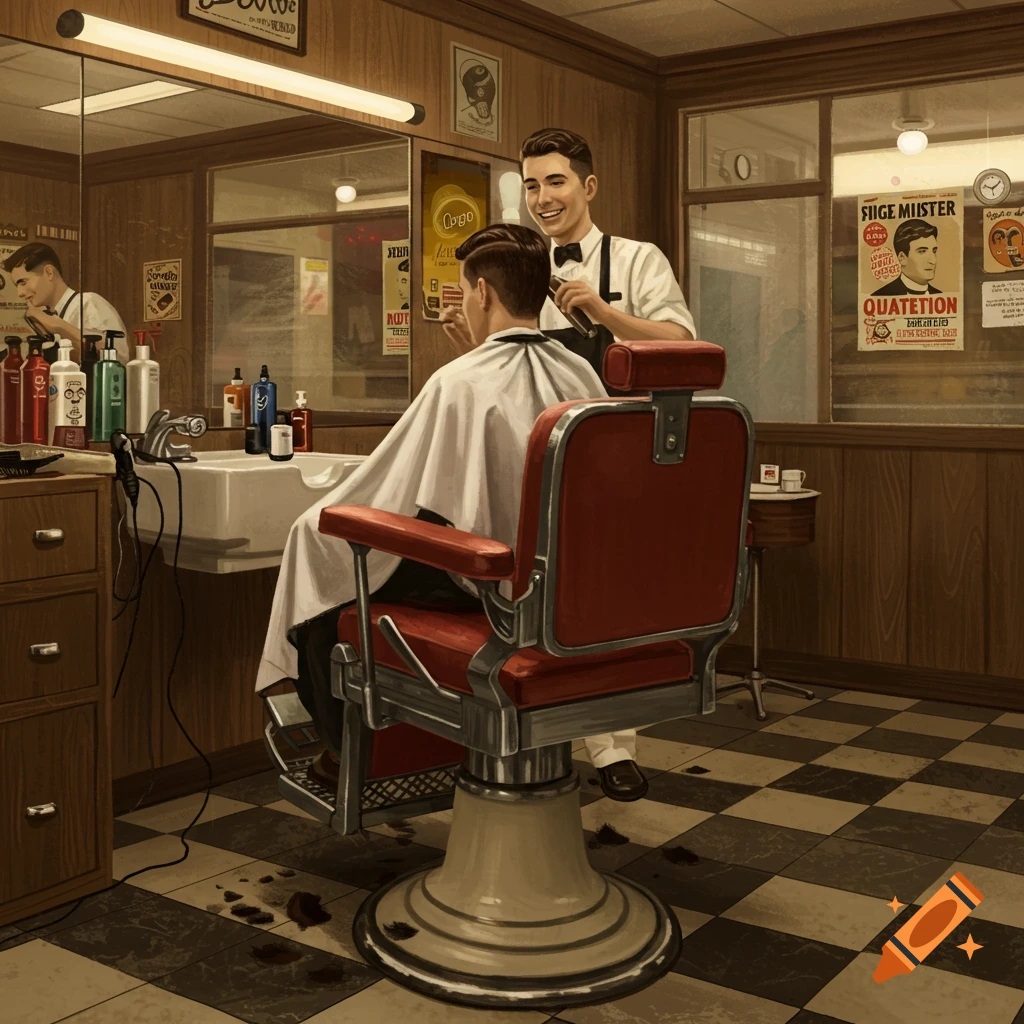 A barber cuts a man's hair in a vintage-style barber shop with checkered floors and wooden walls.