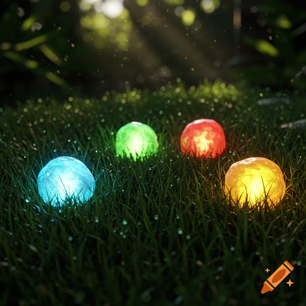 Four photorealistic glowing gems (blue, green, red, yellow) lie nestled in lush, dew-covered grass under soft sunlight.