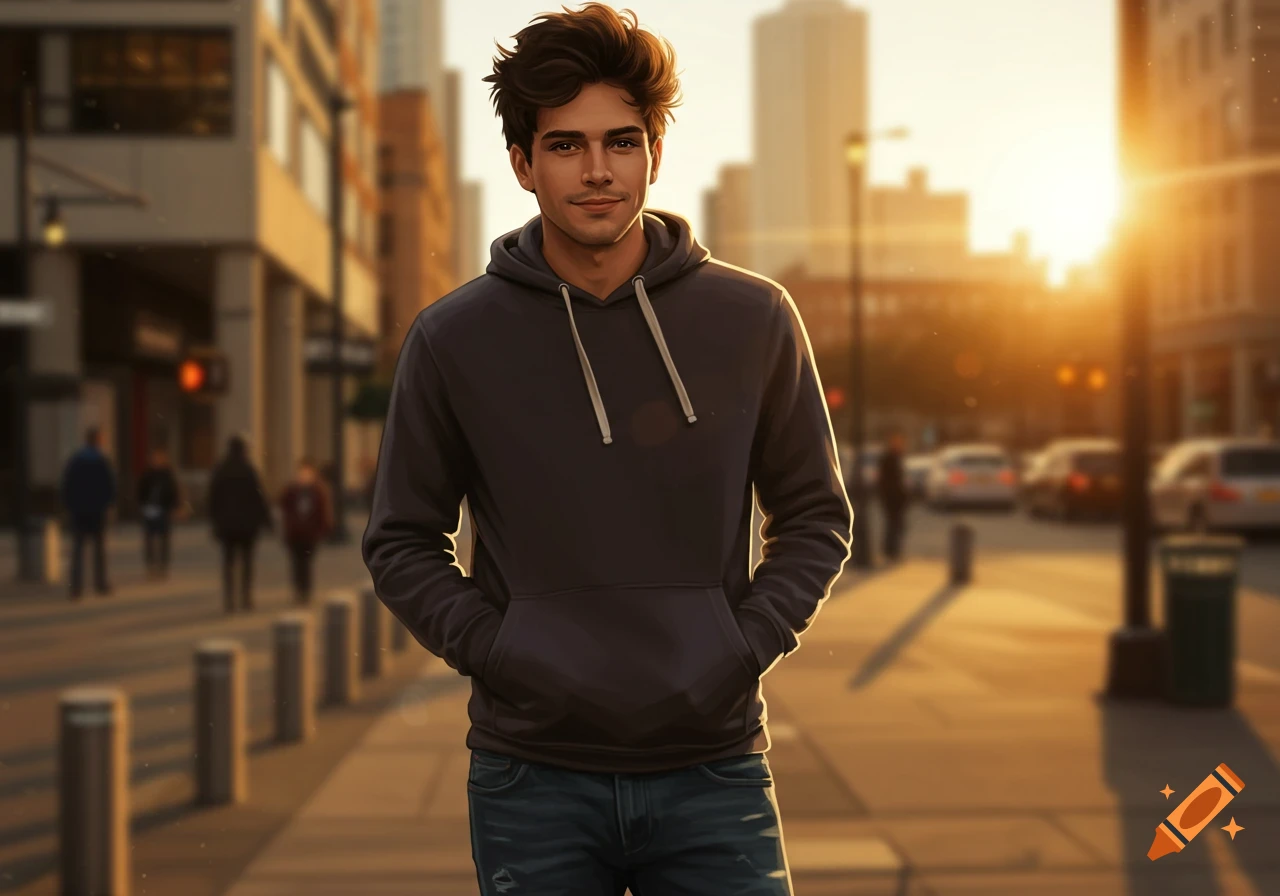Young man with dark, tousled hair wearing a hoodie and jeans, standing on a city street at sunset, rendered in a stylized art style.