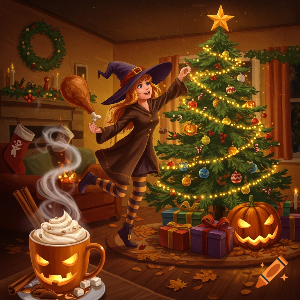 A cartoon witch decorating a Christmas tree while holding a turkey leg in a cozy room filled with holiday and Halloween decorations.