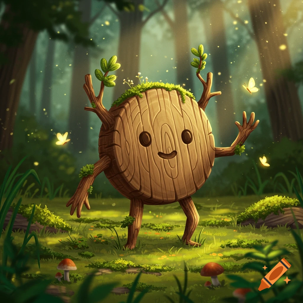 A cute, smiling tree stump character with small branches and leaves, standing in a magical forest with glowing butterflies and mushrooms.