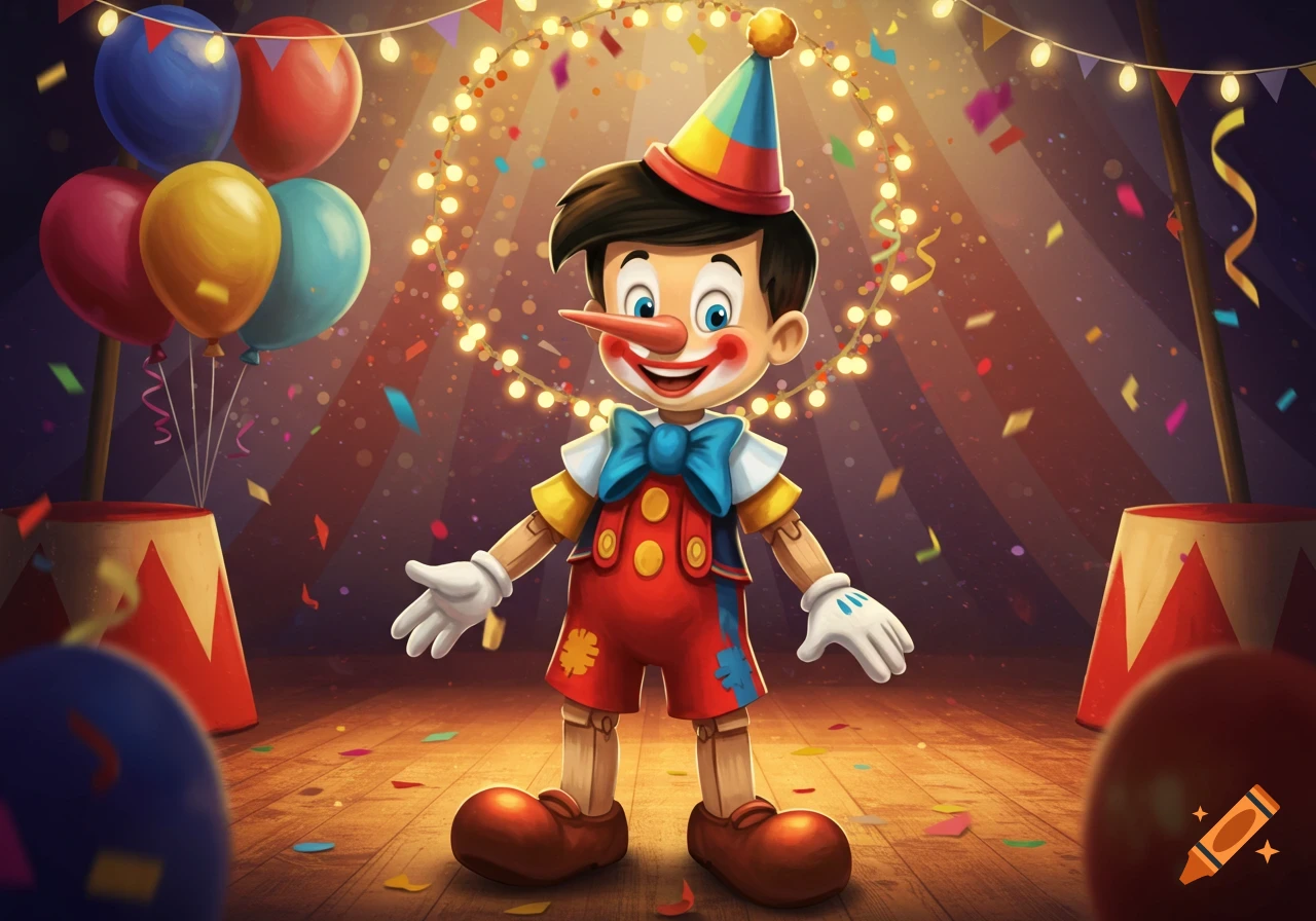 Vibrant illustration of Pinocchio as a smiling clown in a circus tent with balloons, confetti, and glowing string lights.