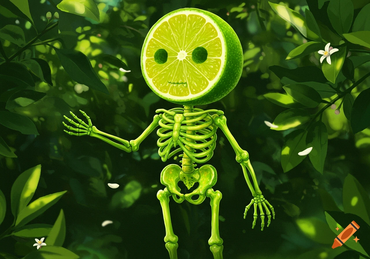 A whimsical green lime fruit skeleton stands in a lush green forest with white petals floating.