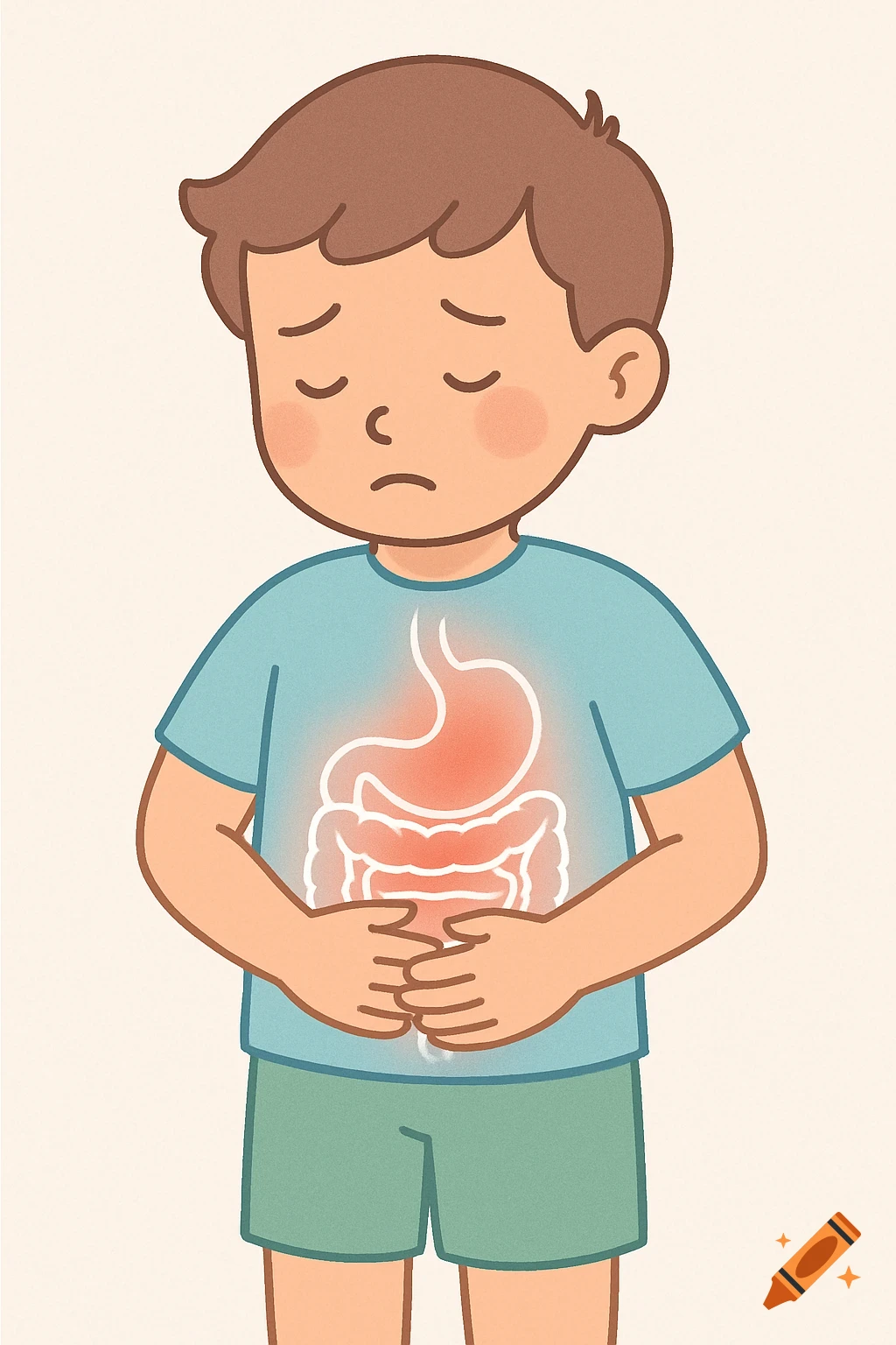 A cartoon child holds their stomach, indicating pain, with a glowing red digestive system visible inside their body.