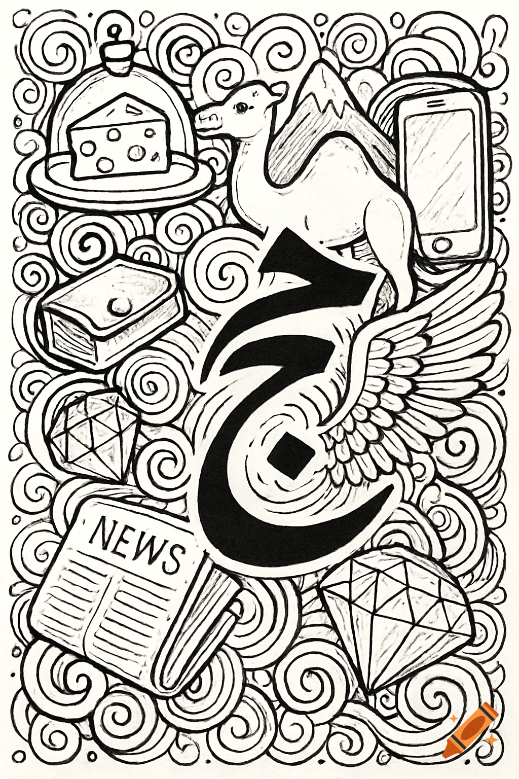 Black and white doodle art illustration with the Arabic letter 'jeem' (ج) in the center, surrounded by interconnected objects like a camel, cheese, smartphone, newspaper, and jewels.
