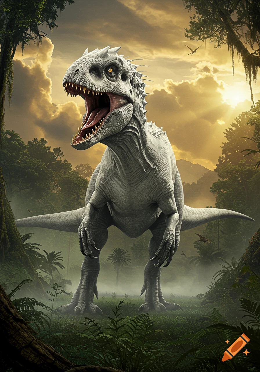 A photorealistic Indominus Rex dinosaur roars in a misty, lush jungle at sunset.