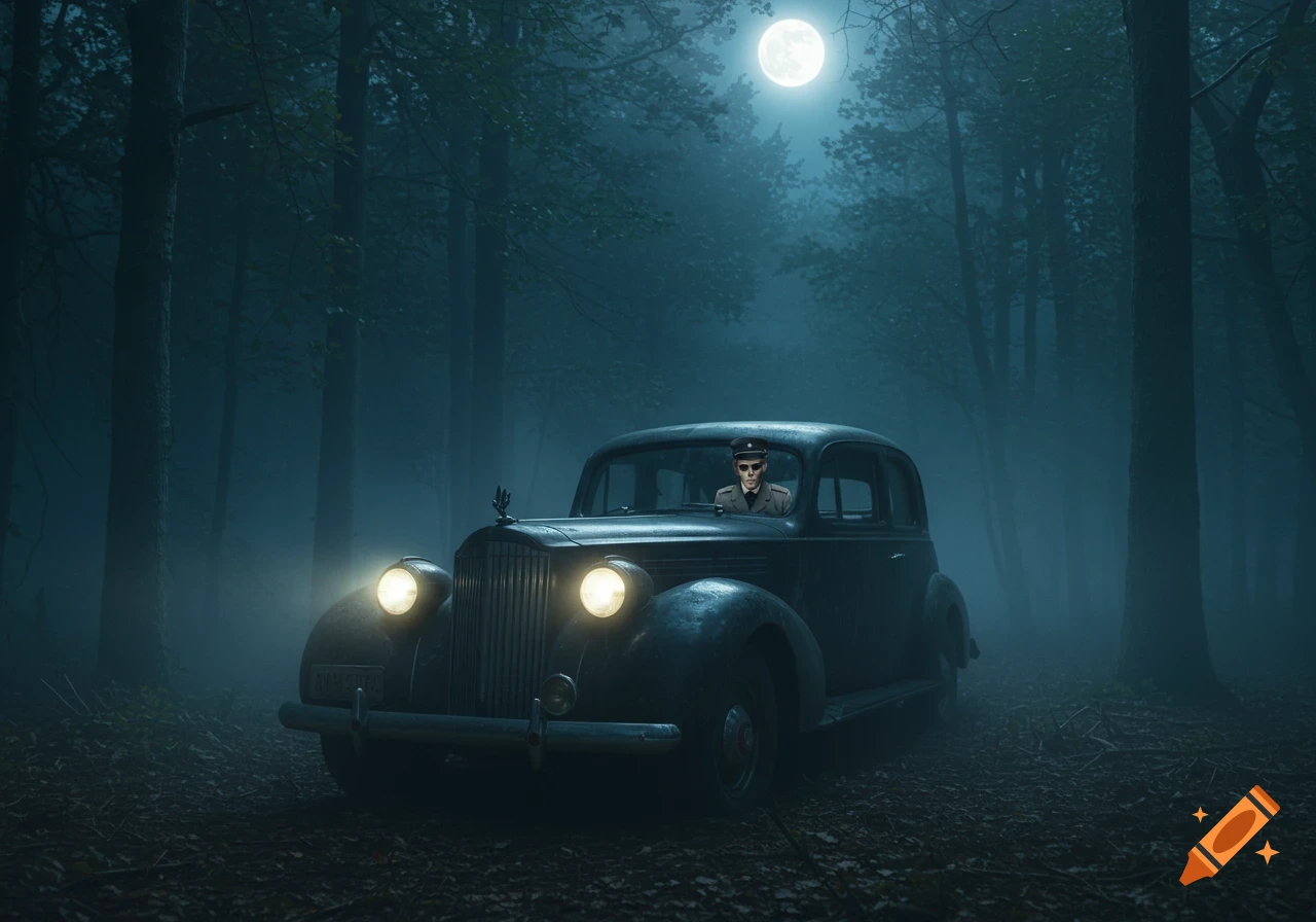 A vintage 1939 Packard car with glowing headlights sits in a foggy, dark forest under a full moon. A figure with a pale, corpselike face wearing a chauffeur's uniform is in the driver's seat. Photorealistic style.