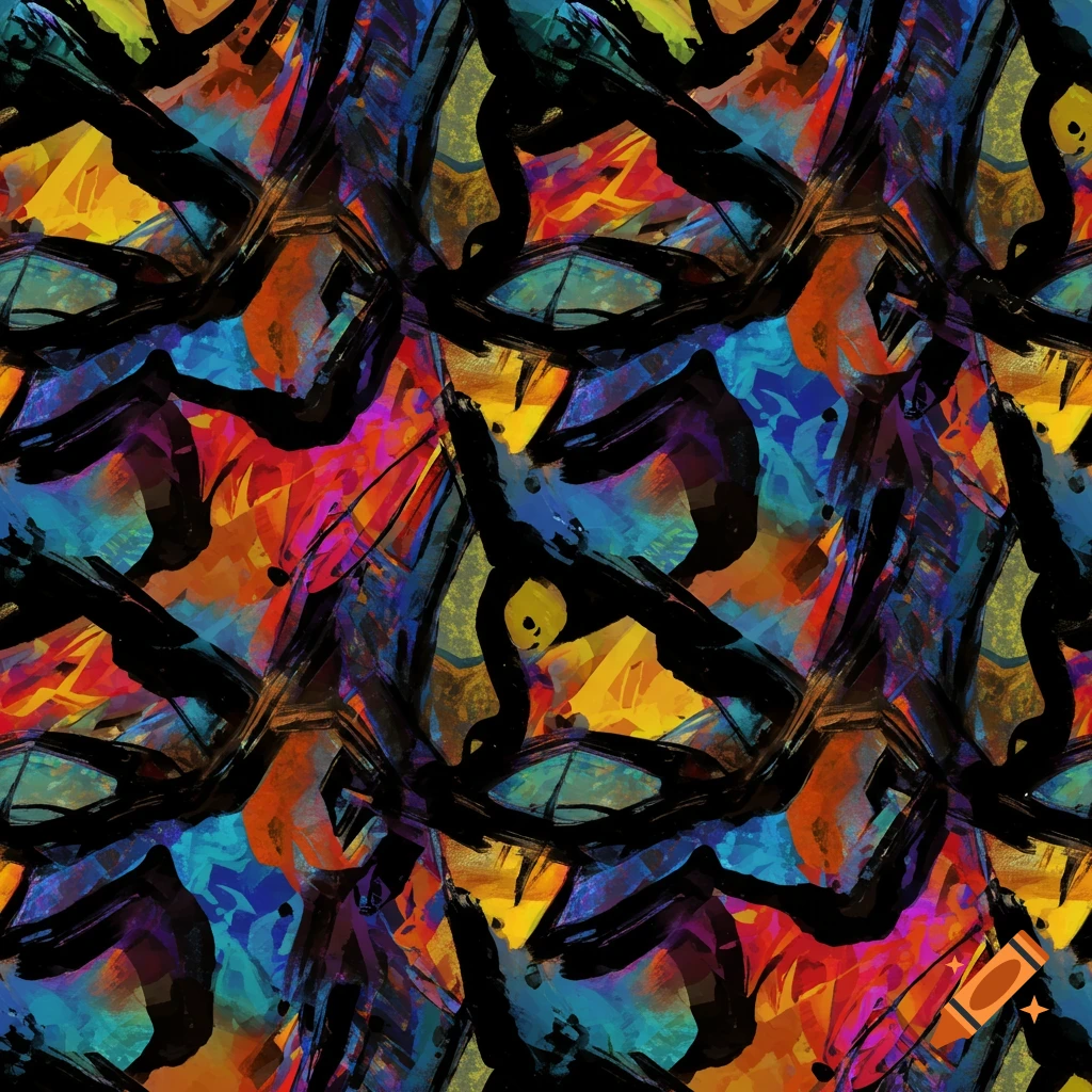 Abstract seamless background with bold black, yellow, blue, red, and orange brushstrokes creating a vibrant graphic texture.