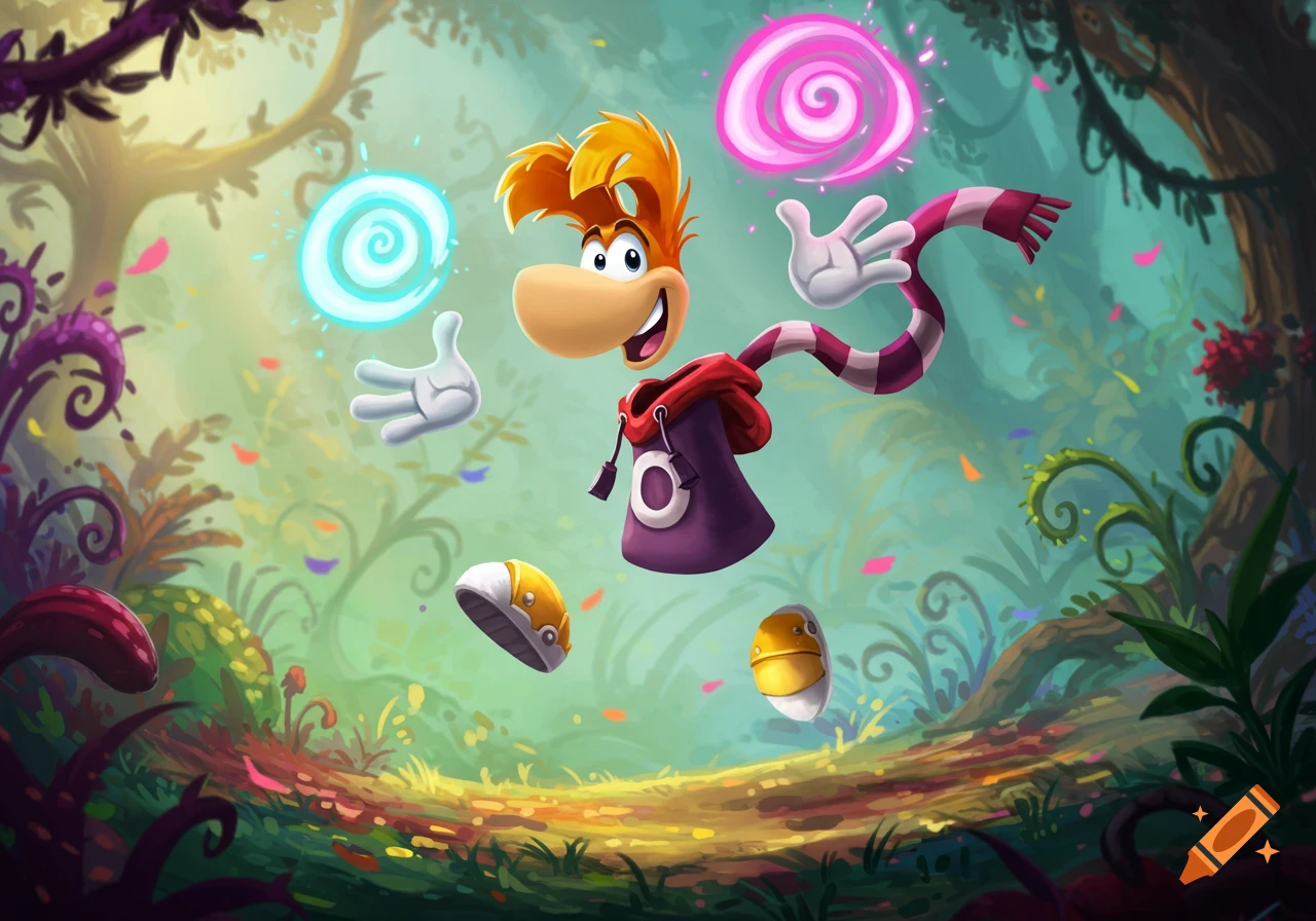 Rayman floats amidst glowing energy swirls and confetti in a vibrant, stylized forest.