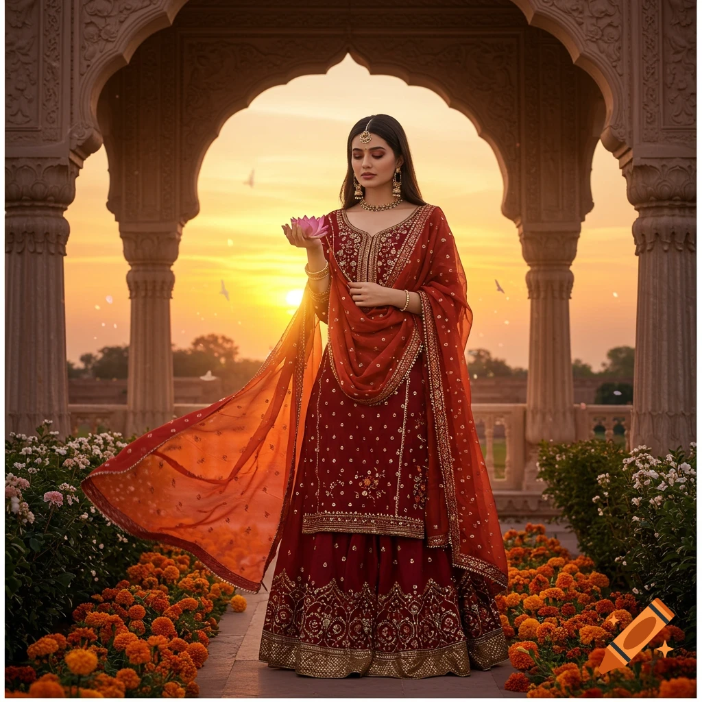 Woman in a rich red Indian lehenga suit holding a pink lotus flower under a stone archway at sunset, surrounded by orange flowers.