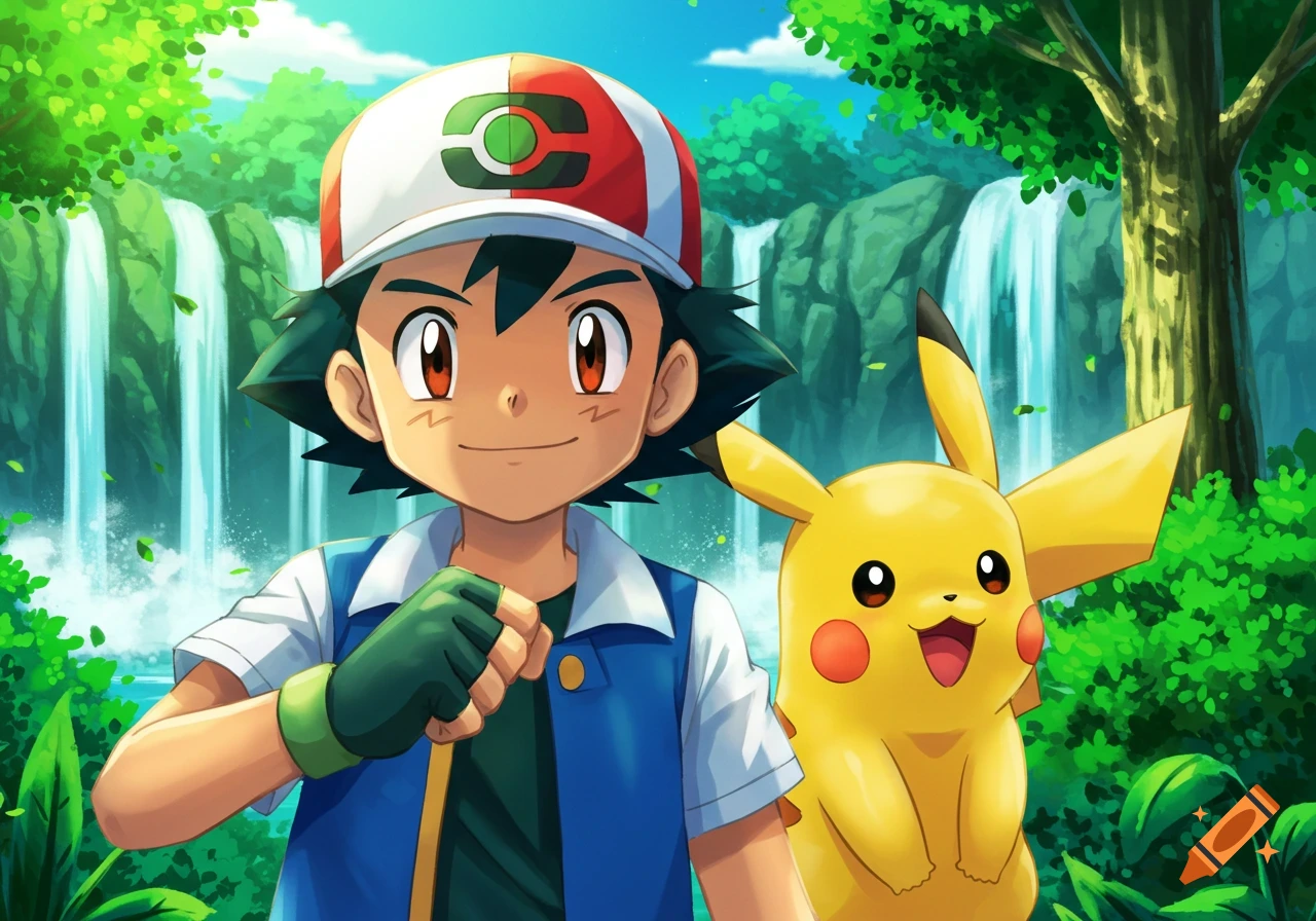 Ash Ketchum and Pikachu smile in a lush forest with waterfalls, rendered in an anime style.