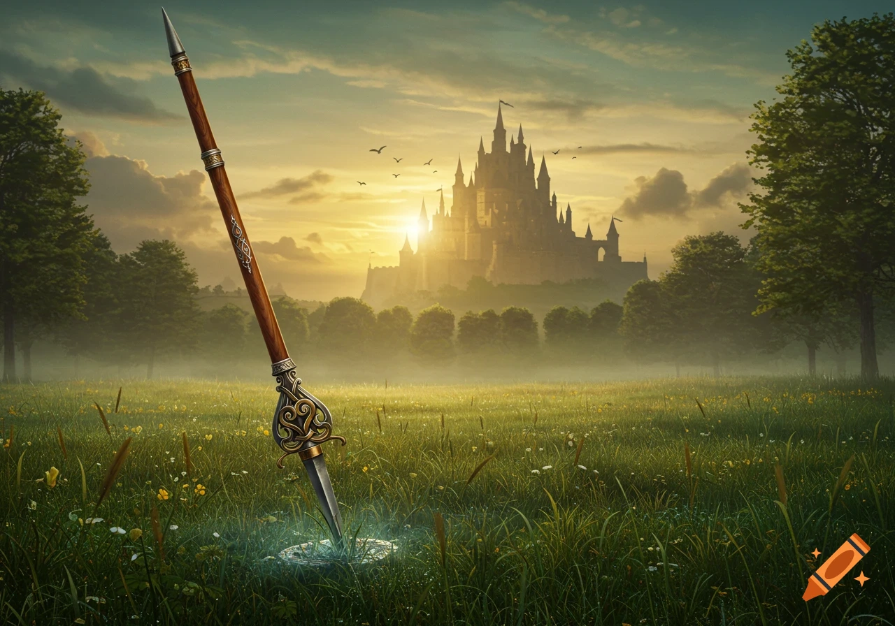 An ornate, glowing lance stuck in a dewy, grassy field, with a majestic fantasy castle silhouetted against a misty sunset in the background.