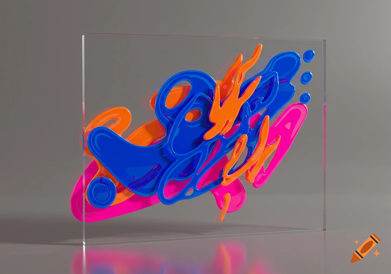 Abstract, glossy blue, orange, and pink fluid shapes resembling graffiti on a clear plastic sheet, on a gray background.