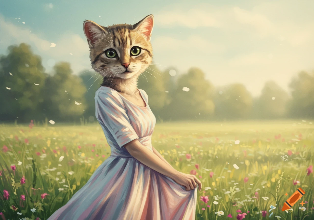 A cat-headed woman in a light pink dress stands in a sunny field of wildflowers, rendered in a painterly style.