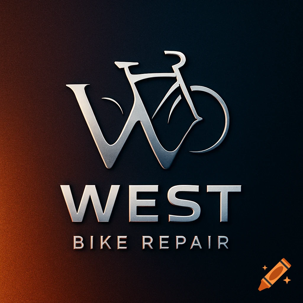 Silver metallic logo for West Bike Repair, featuring a stylized 'W' and a bicycle design on a dark background.
