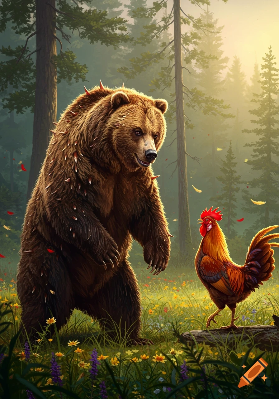 A large, spiky brown bear stands in a sunny forest, facing a colorful red rooster amidst wildflowers.