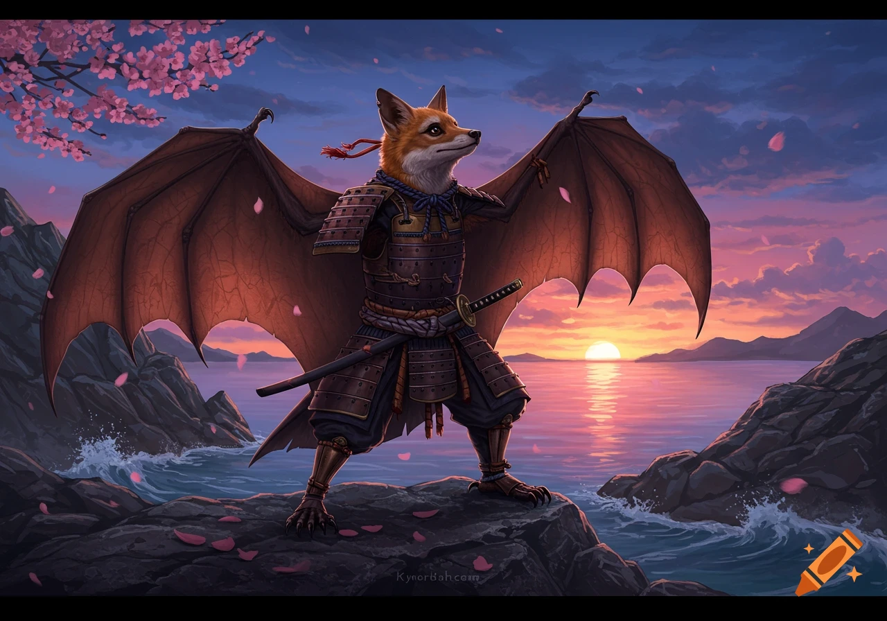 A fox-like creature with large bat wings in samurai armor stands on a rocky shore, backlit by a vibrant sunset over water with cherry blossoms falling.