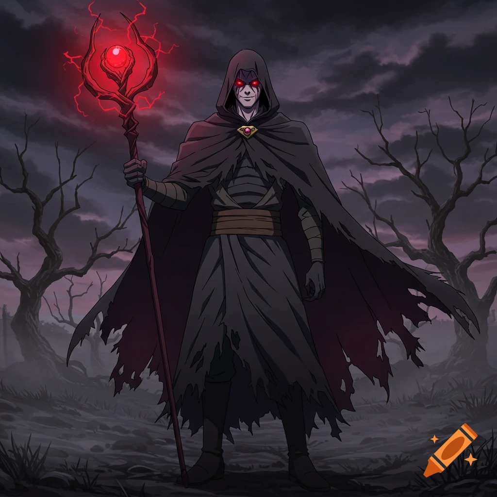 Anime style dark wizard with glowing red eyes and staff in a spooky, desolate landscape.