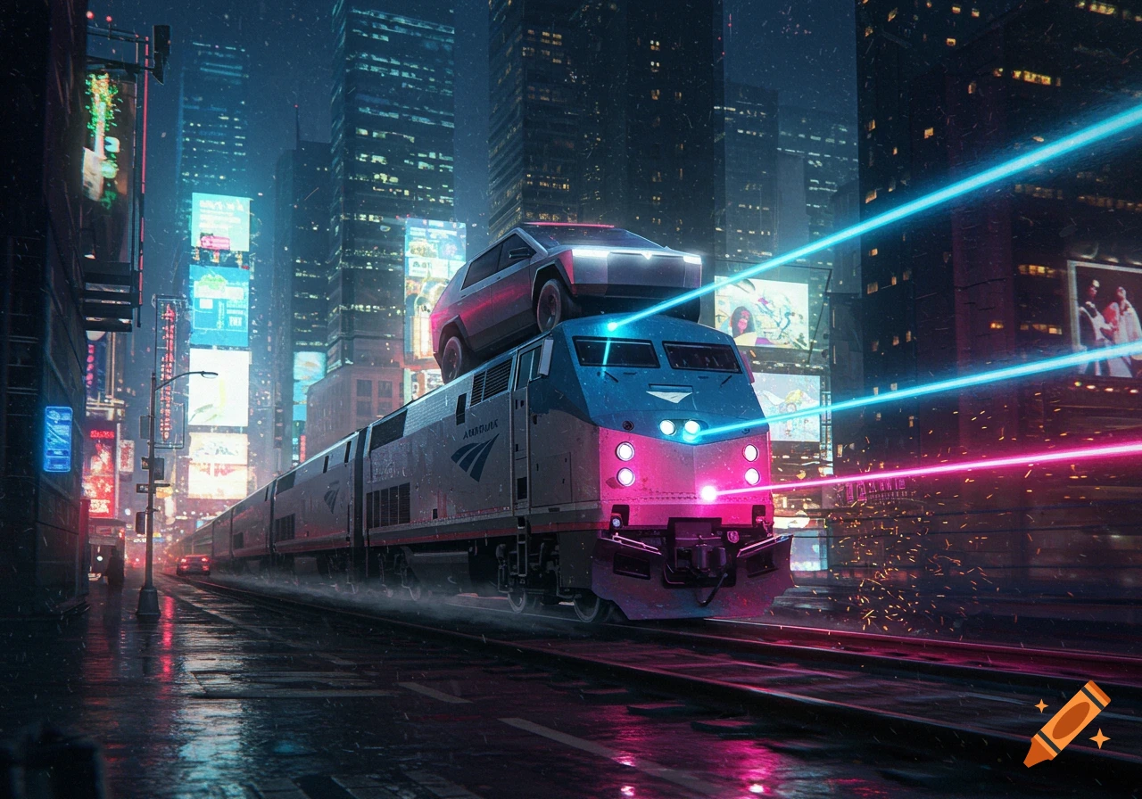 A cyberpunk city at night with a blue Amtrak train carrying a Cybertruck, amidst neon lights and rain.