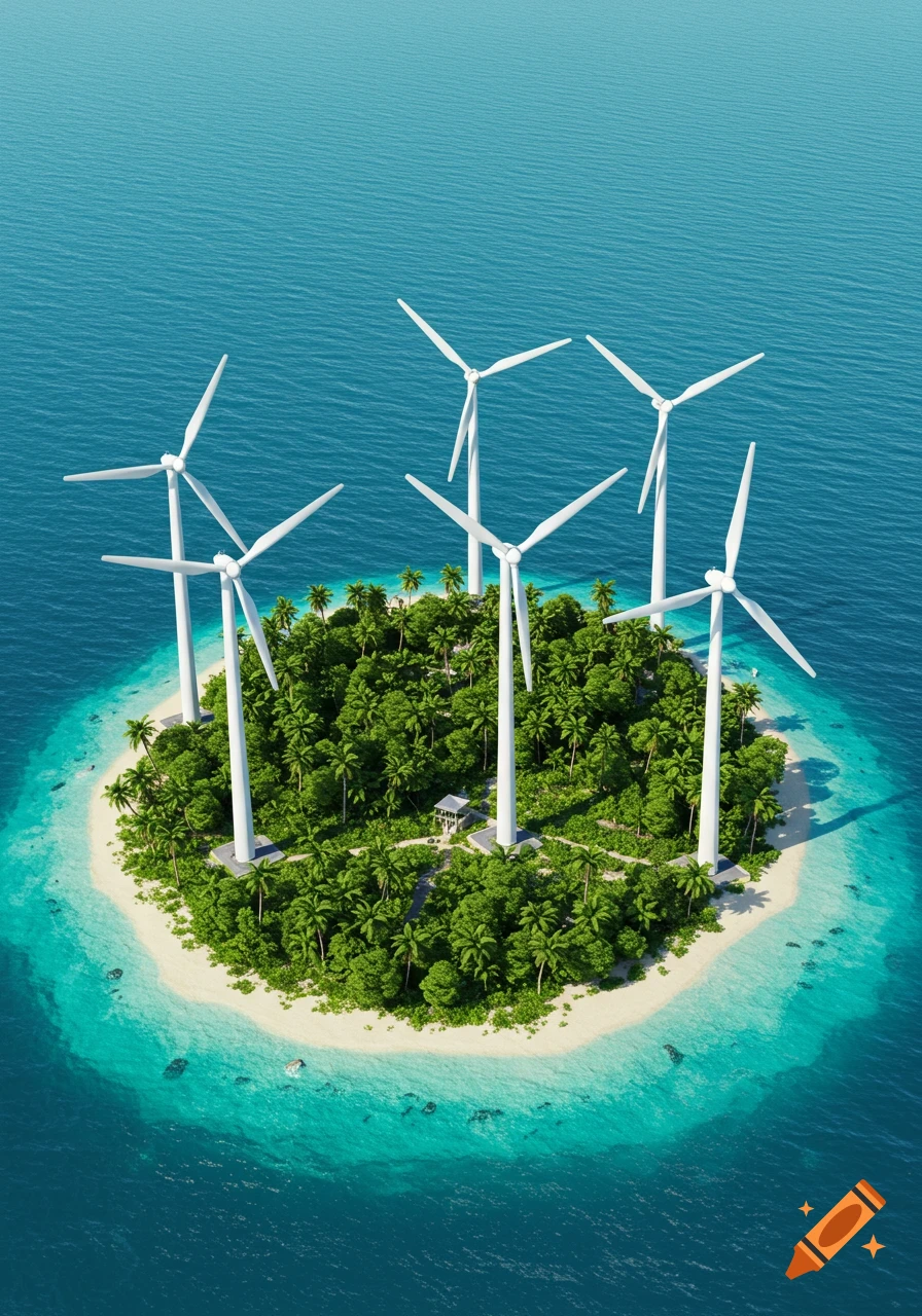 Aerial view of a lush tropical island with white sand beaches, turquoise water, and six large wind turbines among palm trees, photorealistic style.