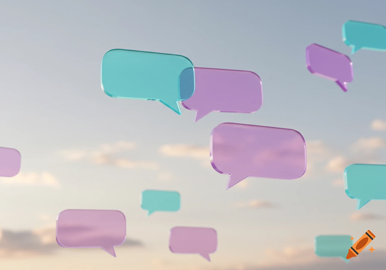 Translucent teal and purple chat bubbles float against a soft blue sky with faint clouds, symbolizing communication.