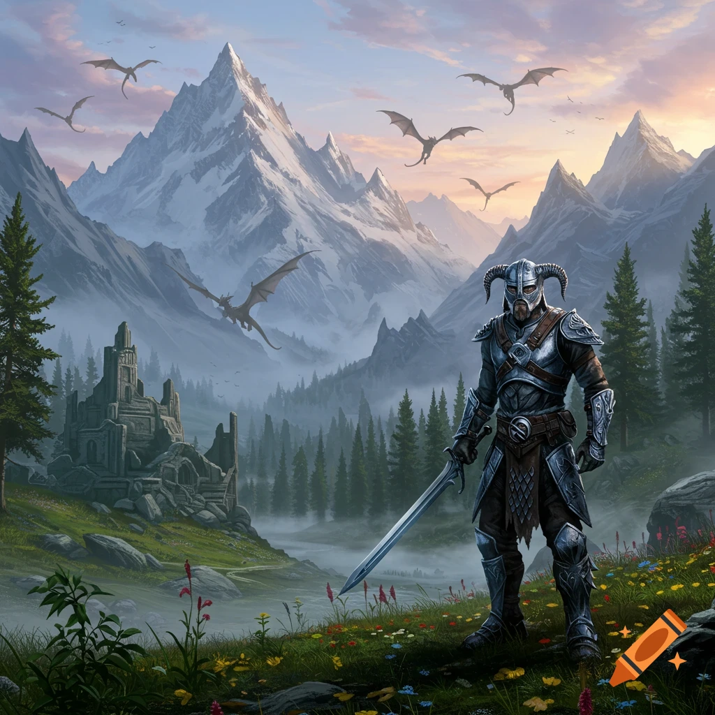 A horned helmet warrior with a sword stands on a flowery hill overlooking a misty mountain valley with a ruined castle and dragons flying under a sunset sky.