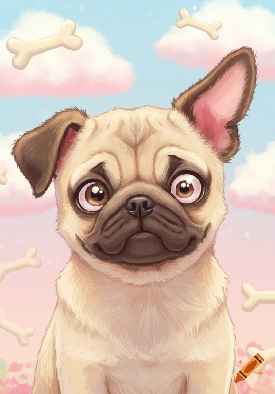 Cartoon style portrait of a cute pug dog with wide, stylized eyes, against a pastel pink and blue sky with floating bones.